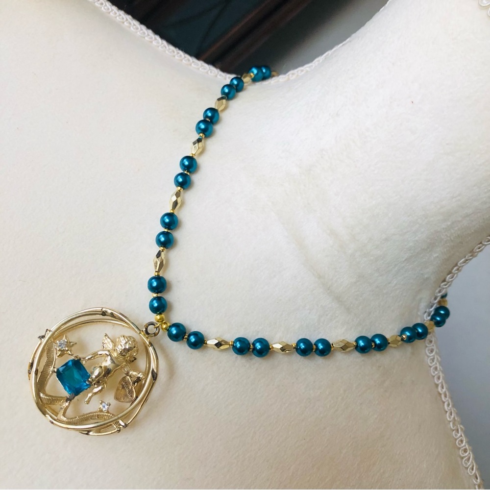 Handcrafted repurpose cherub peacock stone pendant Czech glass Pearl necklace